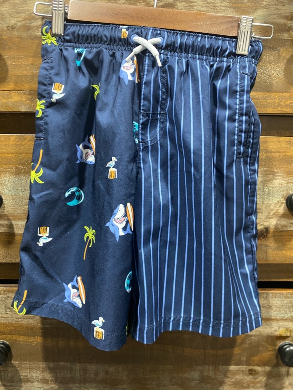 wonder nation Navy Swim Shorts with Shark & Stripe Panels